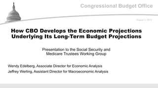 Congressional Budget Office
Presentation to the Social Security and
Medicare Trustees Working Group
August 5, 2019
Wendy Edelberg, Associate Director for Economic Analysis
Jeffrey Werling, Assistant Director for Macroeconomic Analysis
How CBO Develops the Economic Projections
Underlying Its Long-Term Budget Projections
 