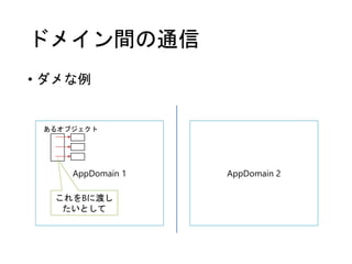 ドメイン間の通信
• ダメな例

あるオブジェクト

AppDomain 1

これをBに渡し
たいとして

AppDomain 2

 