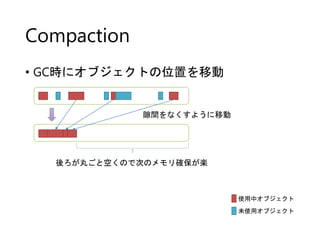 Compaction
• GC時にオブジェクトの位置を移動
使用中オブジェクト
未使用オブジェクト
隙間をなくすように移動
後ろが丸ごと空くので次のメモリ確保が楽
 