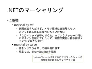 .NETのマーシャリング
• 2種類
• marshal by ref
• 参照を渡すんだけど、メモリ領域は直接触れない
• メソッド越しにしか操作しちゃいけない
• 「このメソッドを呼んでくれ」っていうメッセージだけ
がドメインを超えてわたって、実際の実行は相手側ドメ
インで(プロキシ実行)
• marshal by value
• 値をシリアライズして相手側に渡す
• 規定では、BinarySeralizerを使用
privateフィールドまで含めてリフレクションで
内部状態を取得してシリアライズ
 