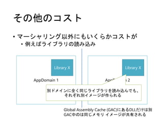 AppDomain 1 AppDomain 2
その他のコスト
• マーシャリング以外にもいくらかコストが
• 例えばライブラリの読み込み
Library X Library X
別ドメインに全く同じライブラリを読み込んでも、
それぞれ別イメージが作られる
Global Assembly Cache (GAC)にあるDLLだけは別
GAC中のは同じメモリ イメージが共有される
 