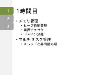 1時間目
• メモリ管理
• ヒープ自動管理
• 境界チェック
• ドメイン分離
• マルチ タスク管理
• スレッドと非同期処理
1
2
3
 