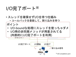 I/O完了ポート※
• スレッドを確保せずI/Oを待つ仕組み
• コールバックを登録して、割り込みを待つ
• コールバック処理はスレッド プールで
スレッド プール
タスク1
タスク2
…
※ I/O completion port
あるスレッドアプリ
I/O完了ポート
ハードウェア
I/O開始 I/O完了
コールバック
登録
コールバック登録後、
すぐにスレッド上での
処理を終了
割り込み信号
ポイント
• I/O-boundな処理にスレッドを使っちゃダメ
• I/O用の非同期メソッドが用意されてる
(内部的にI/O完了ポートを利用)
 