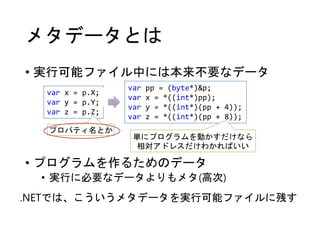 メタデータとは
• 実行可能ファイル中には本来不要なデータ
• プログラムを作るためのデータ
• 実行に必要なデータよりもメタ(高次)
var x = p.X;
var y = p.Y;
var z = p.Z;
var pp = (byte*)&p;
var x = *((int*)pp);
var y = *((int*)(pp + 4));
var z = *((int*)(pp + 8));
プロパティ名とか
単にプログラムを動かすだけなら
相対アドレスだけわかればいい
.NETでは、こういうメタデータを実行可能ファイルに残す
 