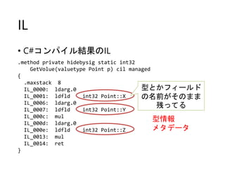 IL
• C#コンパイル結果のIL
.method private hidebysig static int32
GetVolue(valuetype Point p) cil managed
{
.maxstack 8
IL_0000: ldarg.0
IL_0001: ldfld int32 Point::X
IL_0006: ldarg.0
IL_0007: ldfld int32 Point::Y
IL_000c: mul
IL_000d: ldarg.0
IL_000e: ldfld int32 Point::Z
IL_0013: mul
IL_0014: ret
}
型とかフィールド
の名前がそのまま
残ってる
型情報
メタデータ
 