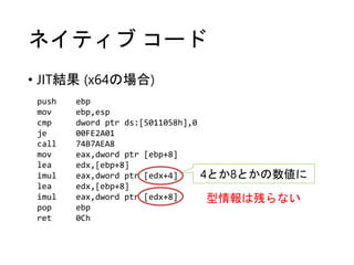 ネイティブ コード
• JIT結果 (x64の場合)
push ebp
mov ebp,esp
cmp dword ptr ds:[5011058h],0
je 00FE2A01
call 74B7AEA8
mov eax,dword ptr [ebp+8]
lea edx,[ebp+8]
imul eax,dword ptr [edx+4]
lea edx,[ebp+8]
imul eax,dword ptr [edx+8]
pop ebp
ret 0Ch
4とか8とかの数値に
型情報は残らない
 