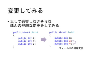 変更してみる
• 大して影響しなさそうな
ほんの些細な変更をしてみる
public struct Point
{
public int X;
public int Y;
public int Z;
}
public struct Point
{
public int X;
public int Z;
public int Y;
}
フィールドの順序変更
 