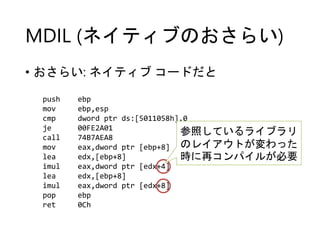 MDIL (ネイティブのおさらい)
• おさらい: ネイティブ コードだと
push ebp
mov ebp,esp
cmp dword ptr ds:[5011058h],0
je 00FE2A01
call 74B7AEA8
mov eax,dword ptr [ebp+8]
lea edx,[ebp+8]
imul eax,dword ptr [edx+4]
lea edx,[ebp+8]
imul eax,dword ptr [edx+8]
pop ebp
ret 0Ch
参照しているライブラリ
のレイアウトが変わった
時に再コンパイルが必要
 