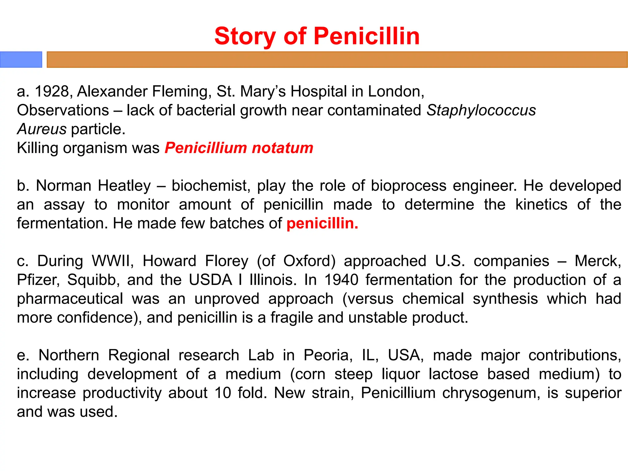 a. 1928, Alexander Fleming, St. Mary’s Hospital in London,
Observations – lack of bacterial growth near contaminated Staphylococcus
Aureus particle.
Killing organism was Penicillium notatum
b. Norman Heatley – biochemist, play the role of bioprocess engineer. He developed
an assay to monitor amount of penicillin made to determine the kinetics of the
fermentation. He made few batches of penicillin.
c. During WWII, Howard Florey (of Oxford) approached U.S. companies – Merck,
Pfizer, Squibb, and the USDA I Illinois. In 1940 fermentation for the production of a
pharmaceutical was an unproved approach (versus chemical synthesis which had
more confidence), and penicillin is a fragile and unstable product.
e. Northern Regional research Lab in Peoria, IL, USA, made major contributions,
including development of a medium (corn steep liquor lactose based medium) to
increase productivity about 10 fold. New strain, Penicillium chrysogenum, is superior
and was used.
Story of Penicillin
 