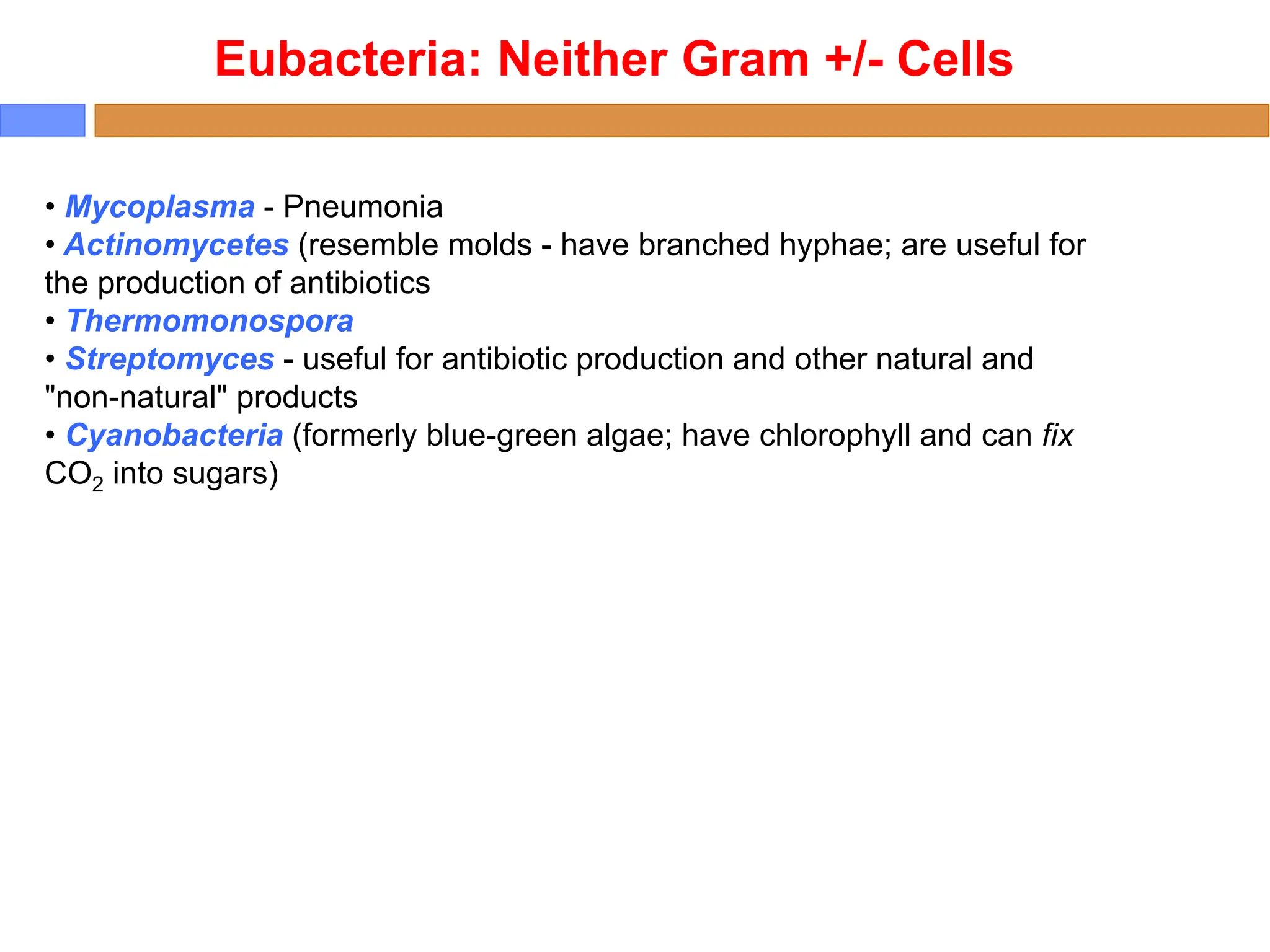 • Mycoplasma - Pneumonia
• Actinomycetes (resemble molds - have branched hyphae; are useful for
the production of antibiotics
• Thermomonospora
• Streptomyces - useful for antibiotic production and other natural and
"non-natural" products
• Cyanobacteria (formerly blue-green algae; have chlorophyll and can fix
CO2 into sugars)
Eubacteria: Neither Gram +/- Cells
 