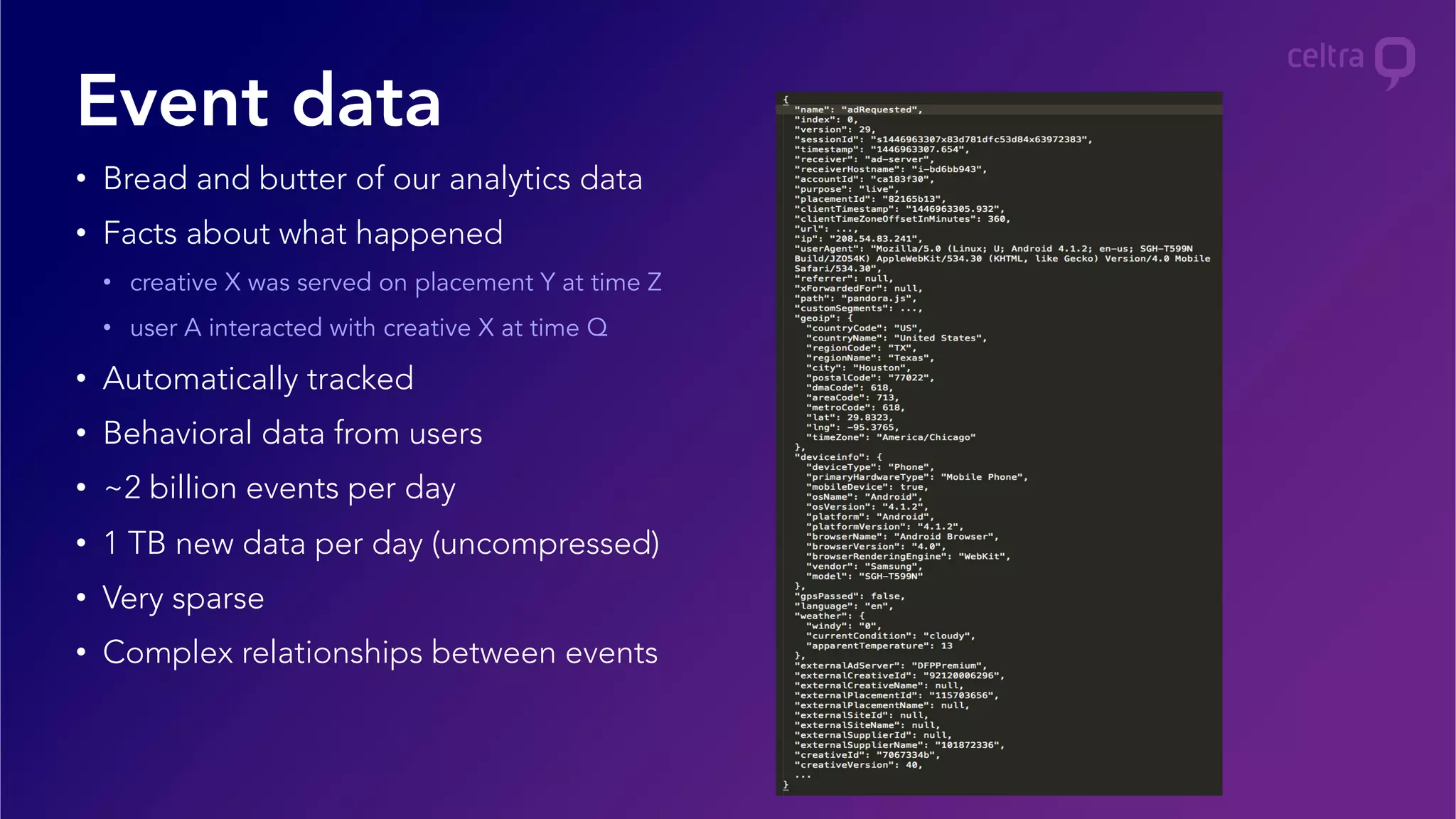 •  Bread and butter of our analytics data
•  Facts about what happened
•  creative X was served on placement Y at time Z
•  user A interacted with creative X at time Q
•  Automatically tracked
•  Behavioral data from users
•  ~2 billion events per day
•  1 TB new data per day (uncompressed)
•  Very sparse
•  Complex relationships between events
Event data
 