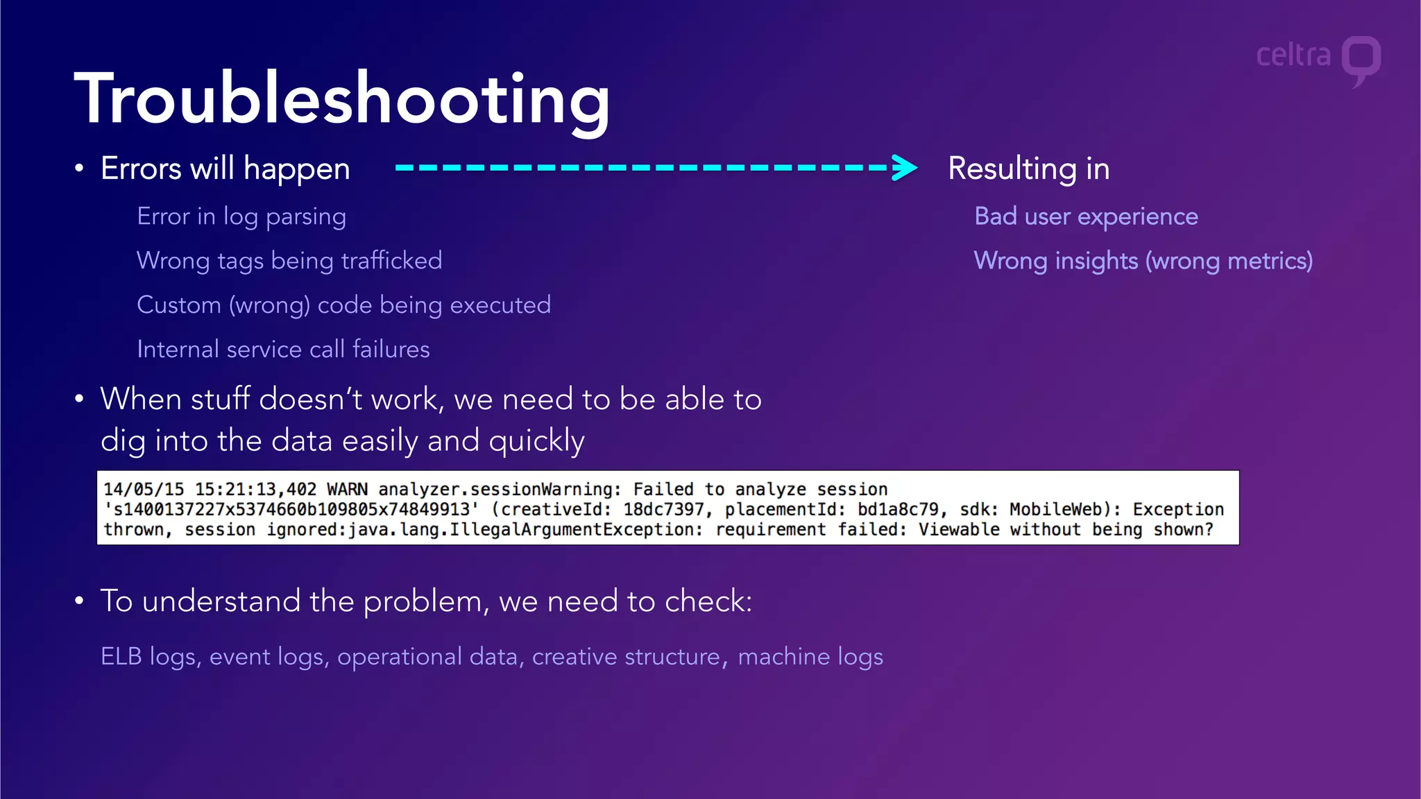 •  Errors will happen
Error in log parsing
Wrong tags being trafficked
Custom (wrong) code being executed
Internal service call failures
•  When stuff doesn’t work, we need to be able to
dig into the data easily and quickly
•  To understand the problem, we need to check:
ELB logs, event logs, operational data, creative structure, machine logs
Troubleshooting
Resulting in
Bad user experience
Wrong insights (wrong metrics)
 