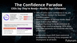 The Confidence Paradox
CEOs Say They’re Ready—Reality Says Otherwise
• 78% of CEOs claim confidence in AI, yet
only 19% are using it for business
transformation
• Overconfidence at the top masks deep
gaps in execution below
• High-performing firms decentralize AI
leadership—micromanaging CEOs drive
only 59% successful AI initiatives and 92%
of failures!
• Leadership must shift from control to
enablement: Winning firms empower AI
‘champions’ at all levels
 