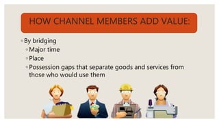 HOW CHANNEL MEMBERS ADD VALUE:
◦ By bridging
◦ Major time
◦ Place
◦ Possession gaps that separate goods and services from
those who would use them
 