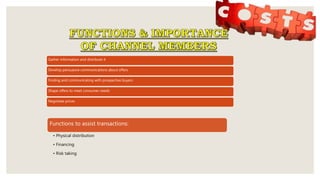 Functions to assist transactions:
• Physical distribution
• Financing
• Risk taking
Gather information and distribute it
Develop persuasive communications about offers
Finding and communicating with prospective buyers
Shape offers to meet consumer needs
Negotiate prices
 