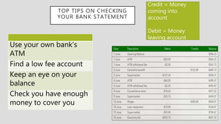 TOP TIPS ON CHECKING
YOUR BANK STATEMENT
Credit = Money
coming into
account
Debit = Money
leaving account
Use your own ban...