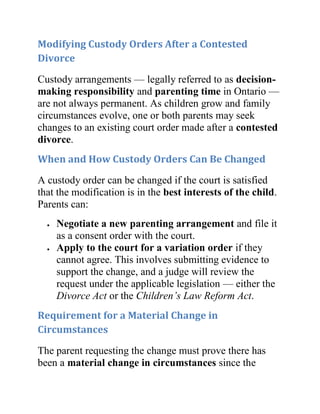 How Child Custody Is Decided in a Contested Divorce in Ontario | PDF