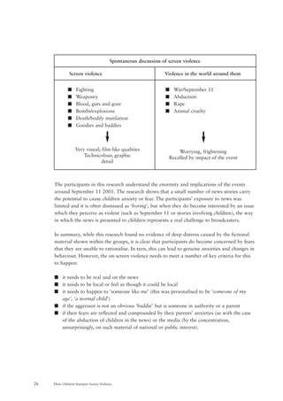 How Children Interpret Screen Violence26
Spontaneous discussion of screen violence
Screen violence Violence in the world around them
s War/September 11
s Abduction
s Rape
s Animal cruelty
Worrying, frightening
Recalled by impact of the event
s Fighting
s Weaponry
s Blood, guts and gore
s Bombs/explosions
s Death/bodily mutilation
s Goodies and baddies
Very visual; film-like qualities
Technicolour, graphic
detail
The participants in this research understand the enormity and implications of the events
around September 11 2001. The research shows that a small number of news stories carry
the potential to cause children anxiety or fear. The participants’ exposure to news was
limited and it is often dismissed as ‘boring’, but when they do become interested by an issue
which they perceive as violent (such as September 11 or stories involving children), the way
in which the news is presented to children represents a real challenge to broadcasters.
In summary, while this research found no evidence of deep distress caused by the fictional
material shown within the groups, it is clear that participants do become concerned by fears
that they are unable to rationalise. In turn, this can lead to genuine anxieties and changes in
behaviour. However, the on-screen violence needs to meet a number of key criteria for this
to happen:
s it needs to be real and on the news
s it needs to be local or feel as though it could be local
s it needs to happen to ‘someone like me’ (this was personalised to be ‘someone of my
age’, ‘a normal child’)
s if the aggressor is not an obvious ‘baddie’ but is someone in authority or a parent
s if their fears are reflected and compounded by their parents’ anxieties (as with the case
of the abduction of children in the news) or the media (by the concentration,
unsurprisingly, on such material of national or public interest).
 