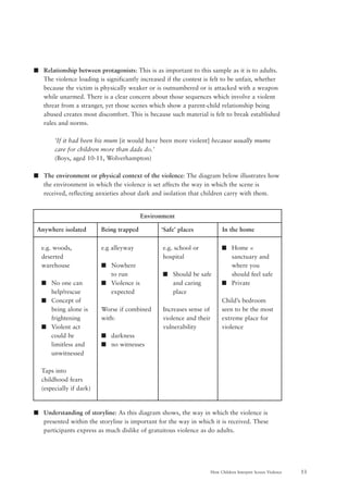 53How Children Interpret Screen Violence
Environment
Anywhere isolated Being trapped ‘Safe’ places In the home
e.g. woods,
deserted
warehouse
s No one can
help/rescue
s Concept of
being alone is
frightening
s Violent act
could be
limitless and
unwitnessed
Taps into
childhood fears
(especially if dark)
e.g alleyway
s Nowhere
to run
s Violence is
expected
Worse if combined
with:
s darkness
s no witnesses
e.g. school or
hospital
s Should be safe
and caring
place
Increases sense of
violence and their
vulnerability
s Home =
sanctuary and
where you
should feel safe
s Private
Child’s bedroom
seen to be the most
extreme place for
violence
s Relationship between protagonists: This is as important to this sample as it is to adults.
The violence loading is significantly increased if the contest is felt to be unfair, whether
because the victim is physically weaker or is outnumbered or is attacked with a weapon
while unarmed. There is a clear concern about those sequences which involve a violent
threat from a stranger, yet those scenes which show a parent-child relationship being
abused creates most discomfort. This is because such material is felt to break established
rules and norms.
‘If it had been his mum [it would have been more violent] because usually mums
care for children more than dads do.’
(Boys, aged 10-11, Wolverhampton)
s The environment or physical context of the violence: The diagram below illustrates how
the environment in which the violence is set affects the way in which the scene is
received, reflecting anxieties about dark and isolation that children carry with them.
s Understanding of storyline: As this diagram shows, the way in which the violence is
presented within the storyline is important for the way in which it is received. These
participants express as much dislike of gratuitous violence as do adults.
 