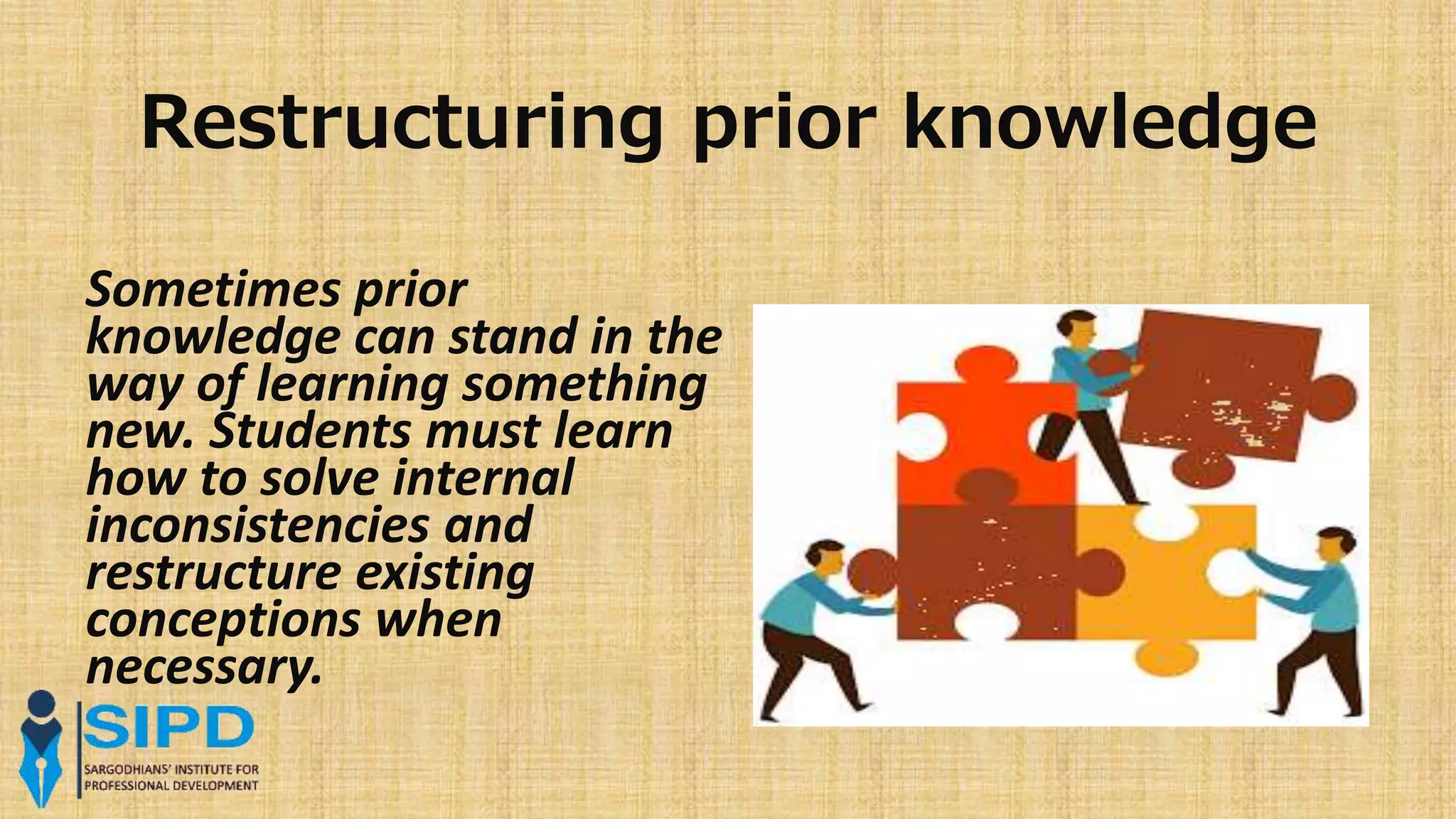 Restructuring prior knowledge
Sometimes prior
knowledge can stand in the
way of learning something
new. Students must learn
how to solve internal
inconsistencies and
restructure existing
conceptions when
necessary.
 