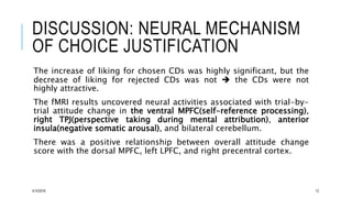 DISCUSSION: NEURAL MECHANISM
OF CHOICE JUSTIFICATION
The increase of liking for chosen CDs was highly significant, but the
decrease of liking for rejected CDs was not  the CDs were not
highly attractive.
The fMRI results uncovered neural activities associated with trial-by-
trial attitude change in the ventral MPFC(self-reference processing),
right TPJ(perspective taking during mental attribution), anterior
insula(negative somatic arousal), and bilateral cerebellum.
There was a positive relationship between overall attitude change
score with the dorsal MPFC, left LPFC, and right precentral cortex.
5/15/2016 12
 