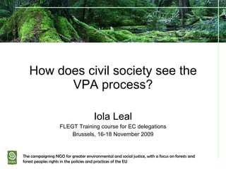 How does civil society see the VPA process? Iola Leal FLEGT Training course for EC delegations Brussels, 16-18 November 2009 The campaigning NGO for greater environmental and social justice, with a focus on forests and forest peoples rights in the policies and practices of the EU 