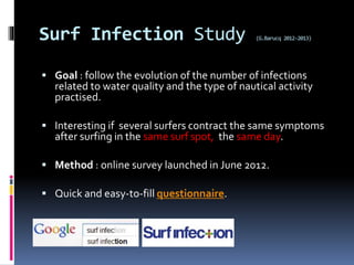 Surf Infection Study (G.Barucq 2012-2013)
 Goal : follow the evolution of the number of infections
related to water quali...