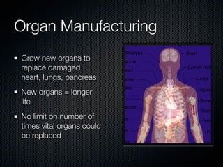 Organ Manufacturing
Grow new organs to
replace damaged
heart, lungs, pancreas
New organs = longer
life
No limit on number ...