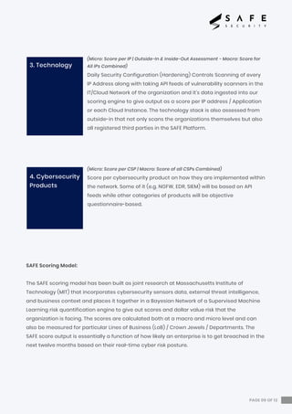 SAFE Scoring Model:
The SAFE scoring model has been built as joint research at Massachusetts Institute of
Technology (MIT) that incorporates cybersecurity sensors data, external threat intelligence,
and business context and places it together in a Bayesian Network of a Supervised Machine
Learning risk quantification engine to give out scores and dollar value risk that the
organization is facing. The scores are calculated both at a macro and micro level and can
also be measured for particular Lines of Business (LoB) / Crown Jewels / Departments. The
SAFE score output is essentially a function of how likely an enterprise is to get breached in the
next twelve months based on their real-time cyber risk posture.
(Micro: Score per IP | Outside-In & Inside-Out Assessment - Macro: Score for
All IPs Combined)
Daily Security Configuration (Hardening) Controls Scanning of every
IP Address along with taking API feeds of vulnerability scanners in the
IT/Cloud Network of the organization and it's data ingested into our
scoring engine to give output as a score per IP address / Application
or each Cloud Instance. The technology stack is also assessed from
outside-in that not only scans the organizations themselves but also
all registered third parties in the SAFE Platform.
(Micro: Score per CSP | Macro: Score of all CSPs Combined)
Score per cybersecurity product on how they are implemented within
the network. Some of it (e.g. NGFW, EDR, SIEM) will be based on API
feeds while other categories of products will be objective
questionnaire-based.
PAGE 09 OF 12
3. Technology
4. Cybersecurity
Products
 