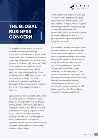 For the past decade, there has been a
steady increase in cybersecurity
investments across the world. To put this in
perspective, there has been a ransomware
attack every 14 seconds and is predicted to
increase in frequency to 11 seconds by 2021,
according to a report by Cybersecurity
Ventures. That is an increase of 715%
year-over-year, according to the Threat
Landscape Report 2020. Such attacks have
targeted large, medium and small
organisations across industries and
geography, indiscriminately...and this is just
one of the many ways to paralyse a
business.
Cybersecurity risks have reached its critical
threshold, so much so that the CEOs of
Citigroup, JP Morgan Chase & Co., Morgan
Stanley, the Bank of America, State Street
Corporation, Bank of New York Mellon, and
Goldman Sachs have recognised it in the
House Financial Services Committee
Hearing, April 10th 2019. These large banks
have invested billions of dollars in
cybersecurity, yet consider cybersecurity as
“one of the greatest threats to our [their]
financial system today”
It isn’t just financial organisations which
are disrupted by data breaches. Let us
take an example of the recent Twitter
hack. With the number of resources, time
and energy dedicated to cybersecurity,
a tech-first, billion-dollar and
silicon-valley based corporation such as
Twitter still became a victim of a
phishing attack of global proportions.
Why is this the case?
The answer to this can be brought down
to a simple solution: Organisations are
unaware of where they stand with or
without the cybersecurity practices and
investments they’ve undertaken. As of
today, with the traditional methods,
organisations only get a ‘sense of
security’ which is not necessarily
equivalent to true cybersecurity. This
placebo effect will not just impact the
business and its finances/balance sheet,
but also have reputational and
regulatory repercussions on the
organisation and directly hold the CEO
liable, as per the latest General Data
Protection Regulation guidelines.
PAGE 03 OF 12
THE GLOBAL
BUSINESS
CONCERN
 