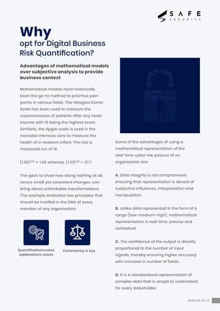 Mathematical models have historically
been the go-to method to prioritise pain
points in various fields. The Glasgow Coma
Scale has been used to measure the
responsiveness of patients after any head
trauma with 15 being the highest score.
Similarly, the Apgar scale is used in the
neonatal intensive care to measure the
health of a newborn infant. This too is
measured out of 10.
(1.00)365
= 1.00 whereas, (1.01)365
= 37.7
This goes to show how doing nothing at all,
versus small yet consistent changes, can
bring about unthinkable transformations.
This example embodies two principles that
should be instilled in the DNA of every
member of any organisation:
Some of the advantages of using a
mathematical representation of the
real-time cyber risk posture of an
organisation are:
A. Data integrity is not compromised,
ensuring that representation is devoid of
subjective influences, interpretation and
manipulation.
B. Unlike data represented in the form of a
range (low-medium-high), mathematical
representation is real-time, precise and
contextual.
C. The confidence of the output is directly
proportional to the number of input
signals, thereby ensuring higher accuracy
with increase in number of feeds.
D. It is a standardised representation of
complex data that is simple to understand
for every stakeholder.
Advantages of mathematical models
over subjective analysis to provide
business context
PAGE 06 OF 12
Quantificationmakes
explanations easier
Consistency is key
Why
opt for Digital Business
Risk Quantiﬁcation?
 