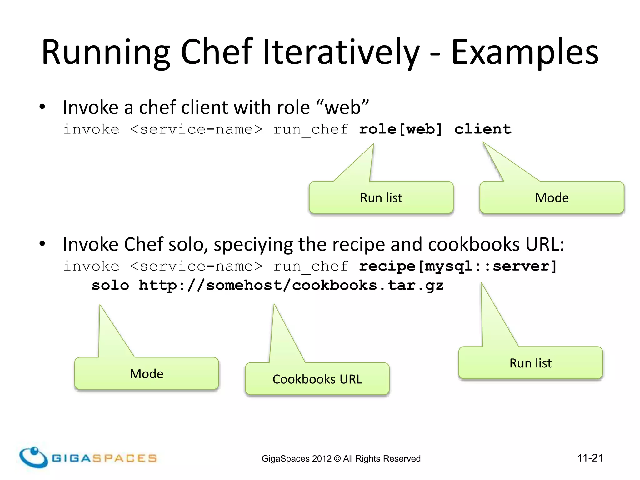 11-21
GigaSpaces 2012 © All Rights Reserved
• Invoke a chef client with role “web”
invoke <service-name> run_chef role[web] client
• Invoke Chef solo, speciying the recipe and cookbooks URL:
invoke <service-name> run_chef recipe[mysql::server]
solo http://somehost/cookbooks.tar.gz
Running Chef Iteratively - Examples
Mode
Run list
Mode
Run list
Cookbooks URL
 