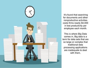 It's found that searching
for documents and other
nonproductive activities
costs firms nearly $4,000
in lost productivity per
employee each month.
This is where Big Data
comes in, Big data is a
term for data sets that are
so large or complex that
traditional data
processing applications
are inadequate to deal
with them.
 
