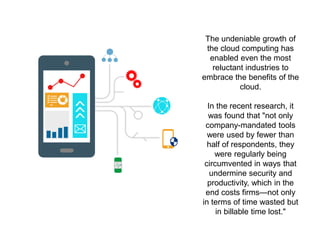The undeniable growth of
the cloud computing has
enabled even the most
reluctant industries to
embrace the benefits of the
cloud.
In the recent research, it
was found that "not only
company-mandated tools
were used by fewer than
half of respondents, they
were regularly being
circumvented in ways that
undermine security and
productivity, which in the
end costs firms—not only
in terms of time wasted but
in billable time lost."
 