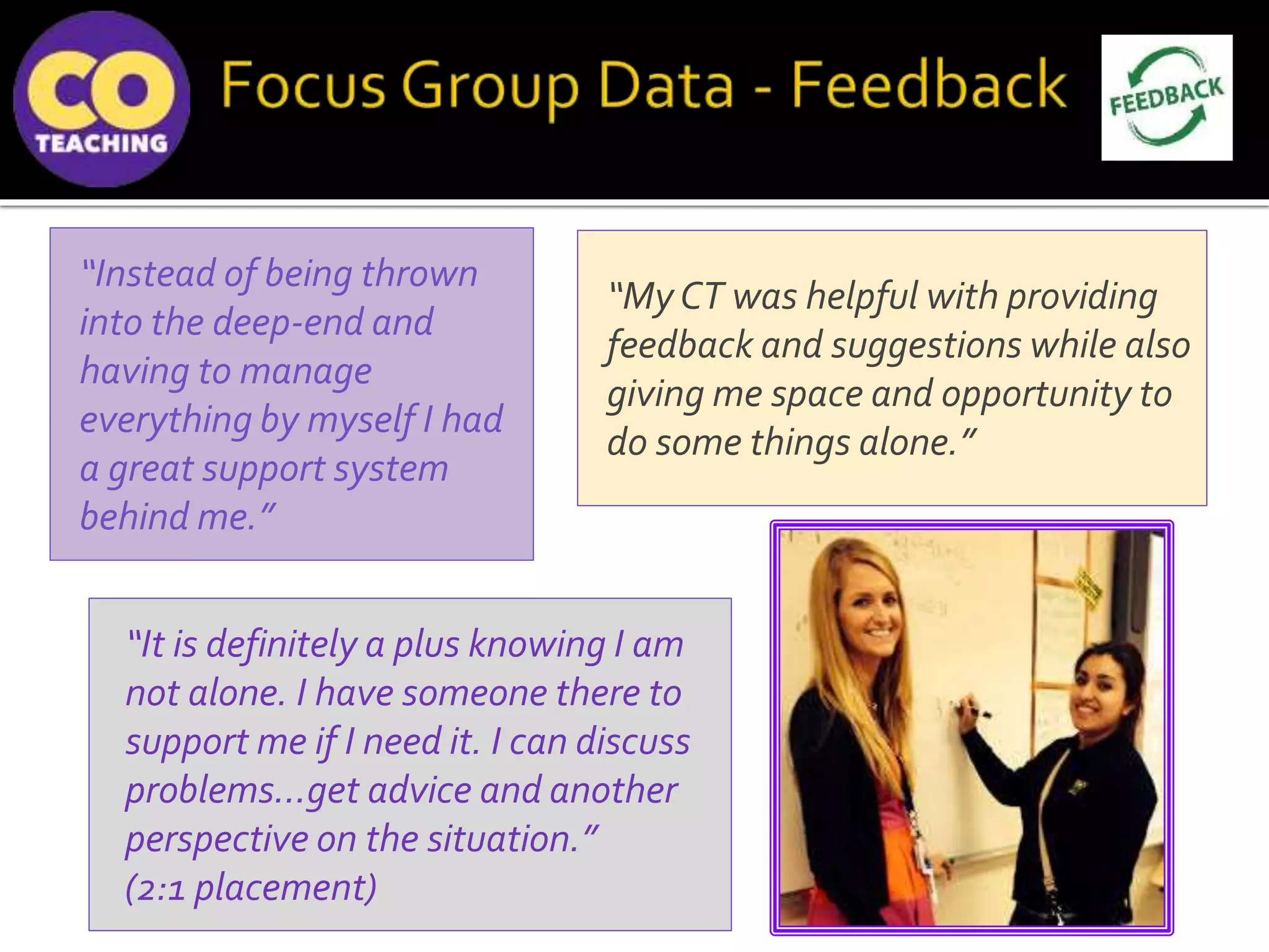 “Instead of being thrown
into the deep-end and
having to manage
everything by myself I had
a great support system
behind me.”
“My CT was helpful with providing
feedback and suggestions while also
giving me space and opportunity to
do some things alone.”
“It is definitely a plus knowing I am
not alone. I have someone there to
support me if I need it. I can discuss
problems...get advice and another
perspective on the situation.”
(2:1 placement)
 
