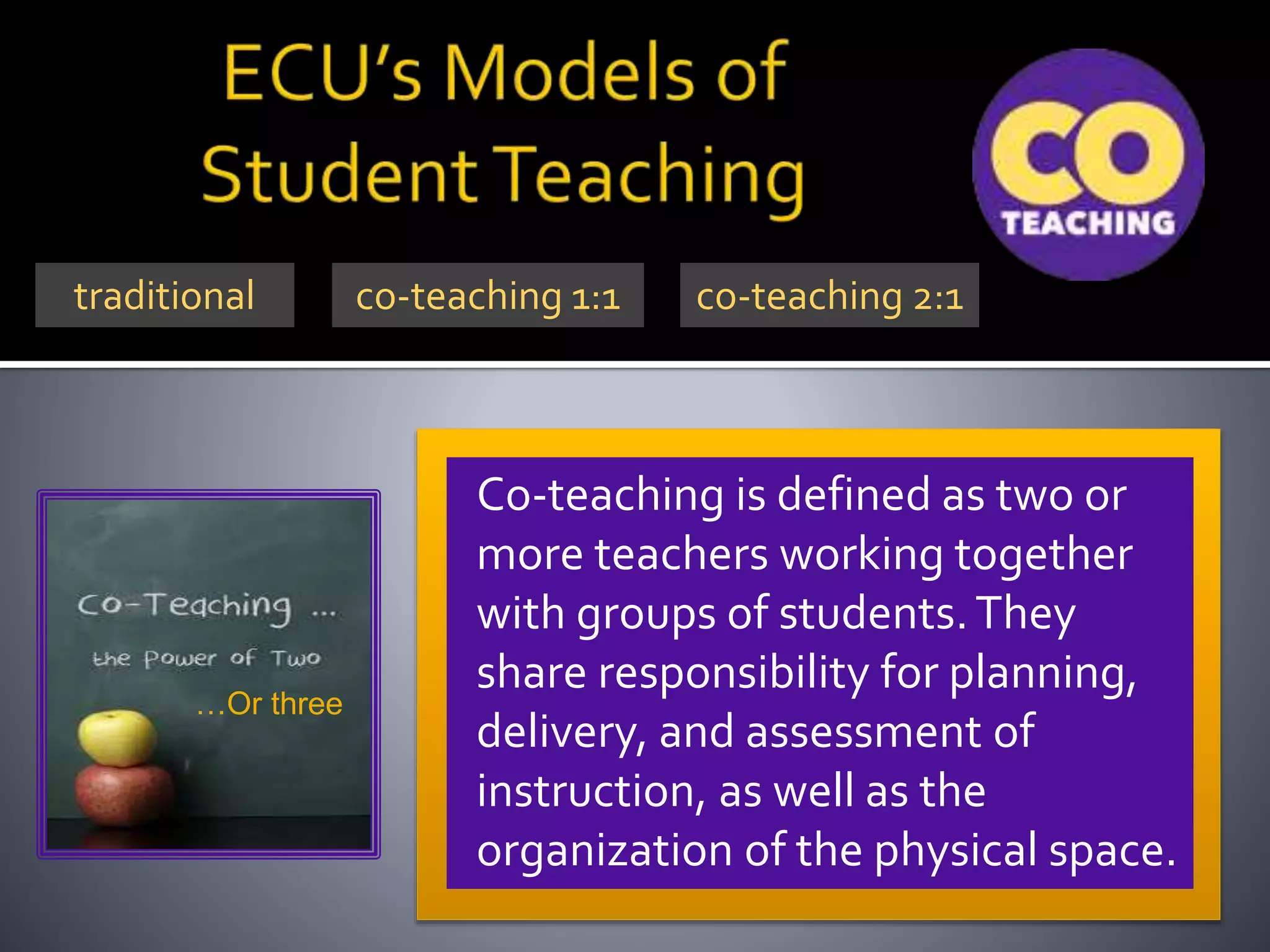 Co-teaching is defined as two or
more teachers working together
with groups of students.They
share responsibility for planning,
delivery, and assessment of
instruction, as well as the
organization of the physical space.
…Or three
traditional co-teaching 1:1 co-teaching 2:1
 