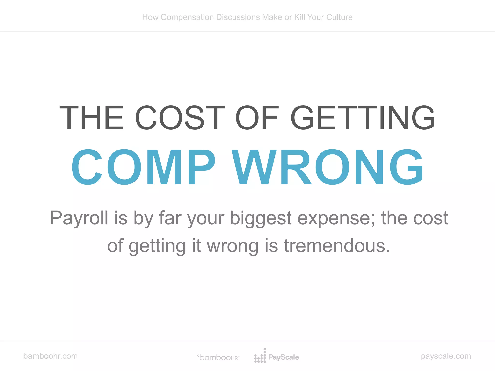 bamboohr.com payscale.com
How Compensation Discussions Make or Kill Your Culture
THE COST OF GETTING
Payroll is by far your biggest expense; the cost
of getting it wrong is tremendous.
 