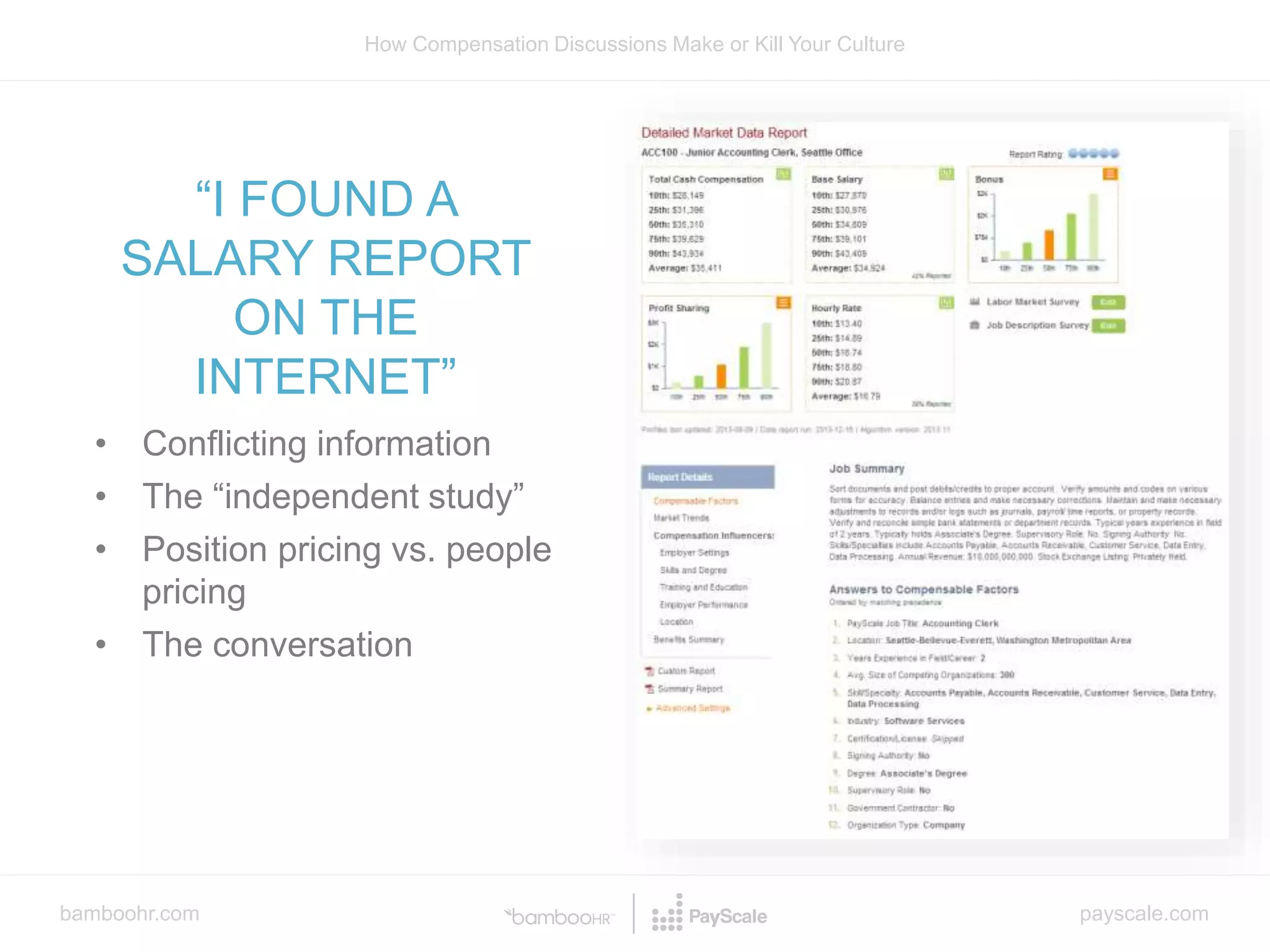 bamboohr.com payscale.com
How Compensation Discussions Make or Kill Your Culture
“I FOUND A
SALARY REPORT
ON THE
INTERNET”
• Conflicting information
• The “independent study”
• Position pricing vs. people
pricing
• The conversation
 