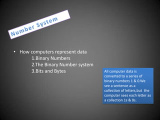 • How computers represent data
1.Binary Numbers
2.The Binary Number system
3.Bits and Bytes

All computer data is
converted to a series of
binary numbers 1 & 0.We
see a sentence as a
collection of letters,but the
computer sees each letter as
a collection 1s & 0s.

 