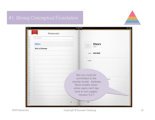 #1. Strong Conceptual Foundation




                                   But you must be
                                   committed to the
                                mental model. Address
                                  Book breaks down
                                 since users can’t tap
                                  here to turn pages.
                                     Version 5.0.1




 HOW Interactive         Copyright © Suzanne Ginsburg    15
 
