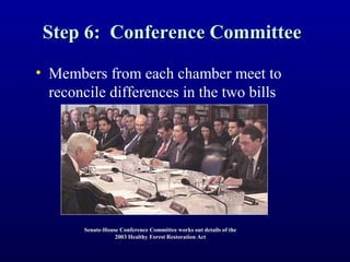 Step 6: Conference CommitteeStep 6: Conference Committee
• Members from each chamber meet to
reconcile differences in the two bills
Senate-House Conference Committee works out details of theSenate-House Conference Committee works out details of the
2003 Healthy Forest Restoration Act2003 Healthy Forest Restoration Act
 