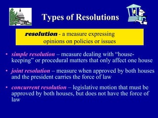 Types of ResolutionsTypes of Resolutions
• simple resolution – measure dealing with “house-
keeping” or procedural matters that only affect one house
• joint resolution – measure when approved by both houses
and the president carries the force of law
• concurrent resolution – legislative motion that must be
approved by both houses, but does not have the force of
law
resolutionresolution -- a measure expressing
opinions on policies or issues
 