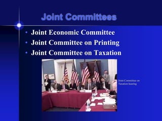 Joint Committees
• Joint Economic Committee
• Joint Committee on Printing
• Joint Committee on Taxation
Joint Committee on
Taxation hearing
 