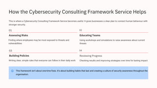 How the Cybersecurity Consulting Framework Service Helps
Finding where employees may be most exposed to threats and
vulnerabilities
Using workshops and simulations to raise awareness about current
threats
This framework isn't about one-time fixes. It's about building habits that last and creating a culture of security awareness throughout the
organisation.
This is where a Cybersecurity Consulting Framework Service becomes useful. It gives businesses a clear plan to connect human behaviour with
stronger security.
01
Checking results and improving strategies over time for lasting impact
02
04
Educating Teams
Reviewing Progress
Assessing Risks
Writing clear, simple rules that everyone can follow in their daily work
03
Building Policies
 