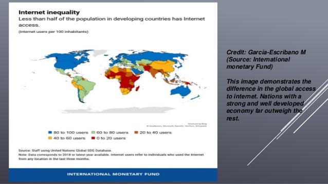 Credit: García-Escribano M
(Source: International
monetary Fund)
This image demonstrates the
difference in the global access
to internet. Nations with a
strong and well developed
economy far outweigh the
rest.
 