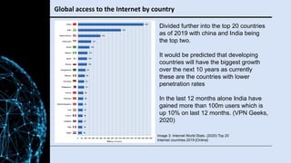 Global access to the Internet by country
Divided further into the top 20 countries
as of 2019 with china and India being
t...
