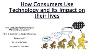 How Consumers Use
Technology and Its Impact on
their lives
Post-Graduate Diploma in Digital
Marketing Management
Unit 1: Evolution of Digital Marketing
Assignment 2
By: Umeda Yeole
Student ID: 76514860
 