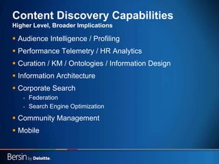 18
Content Discovery Capabilities
Higher Level, Broader Implications
 Audience Intelligence / Profiling
 Performance Telemetry / HR Analytics
 Curation / KM / Ontologies / Information Design
 Information Architecture
 Corporate Search
- Federation
- Search Engine Optimization
 Community Management
 Mobile
 