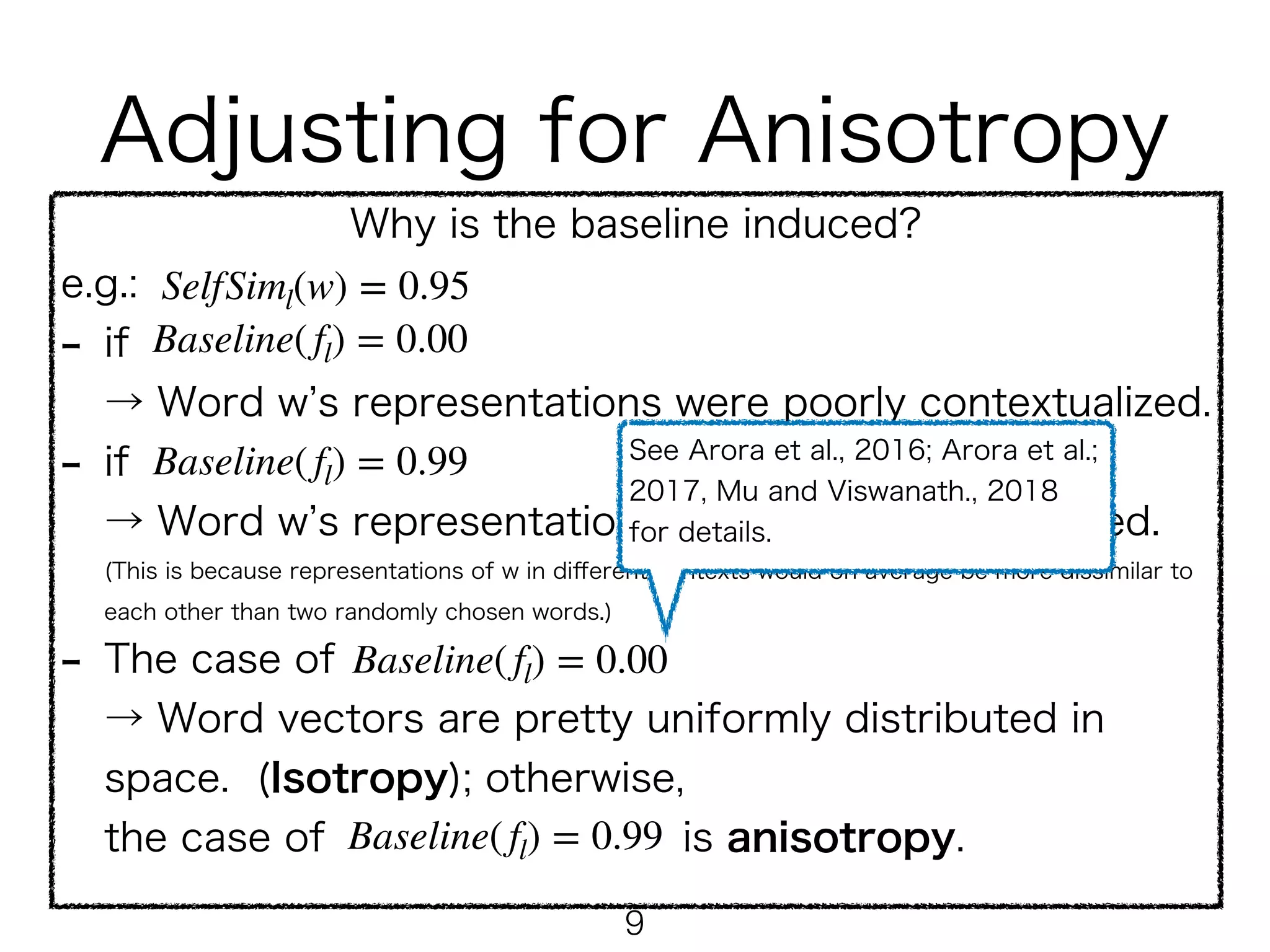  
 
!9
Baseline (fl) = 𝔼x,y∼U(𝒪) [cos (fl(x), fl(y))]
𝒪
fl( ⋅ )
 
 
 
 
 
SelfSiml(w) = 0.95
Baseline(fl) = 0.00
Baseline(fl) = 0.99
Baseline(fl) = 0.00
Baseline(fl) = 0.99
 
 