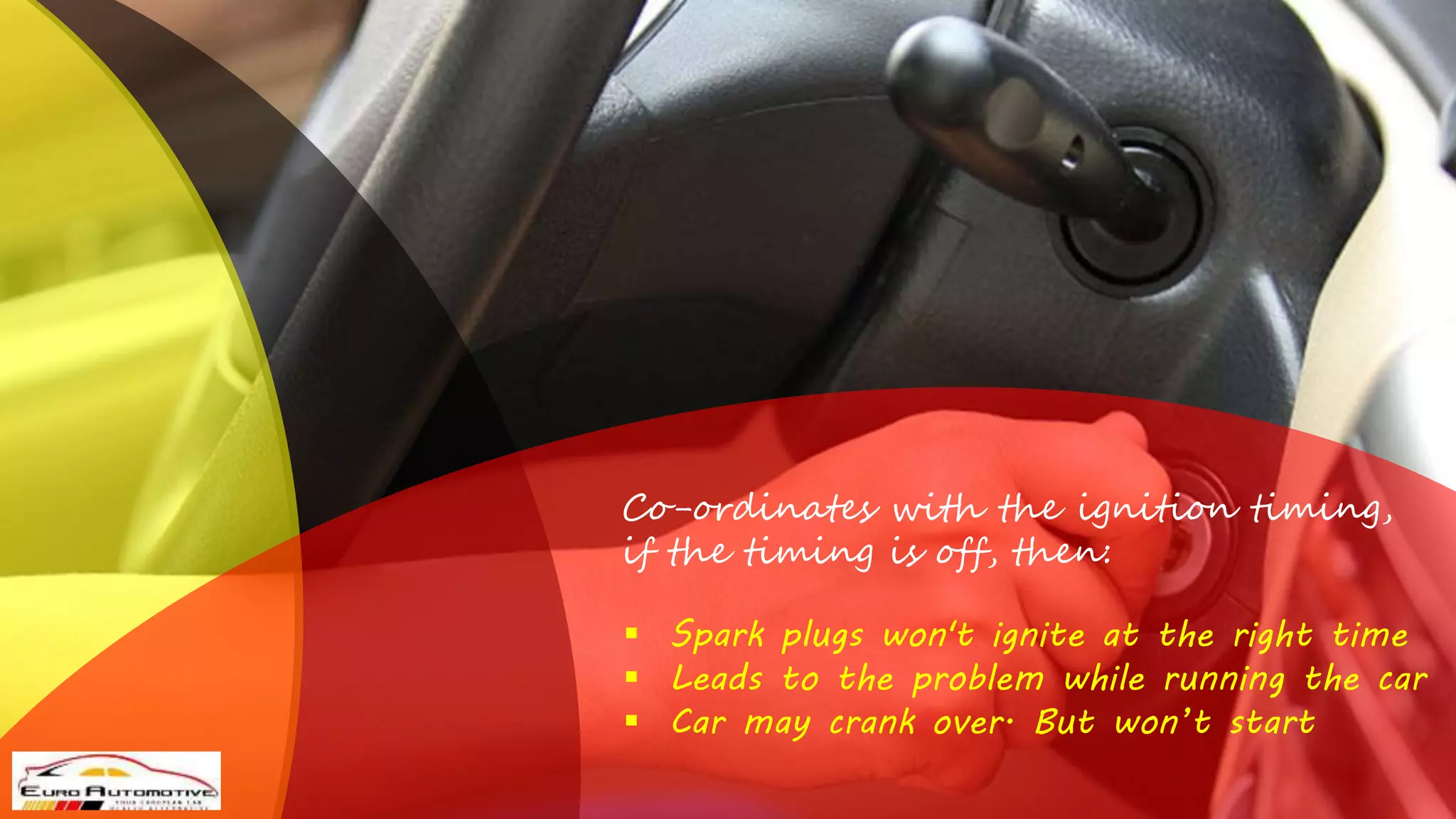 Co-ordinates with the ignition timing,
if the timing is off, then:
Spark plugs won't ignite at the right time
Leads to the problem while running the car
Car may crank over. But won’t start